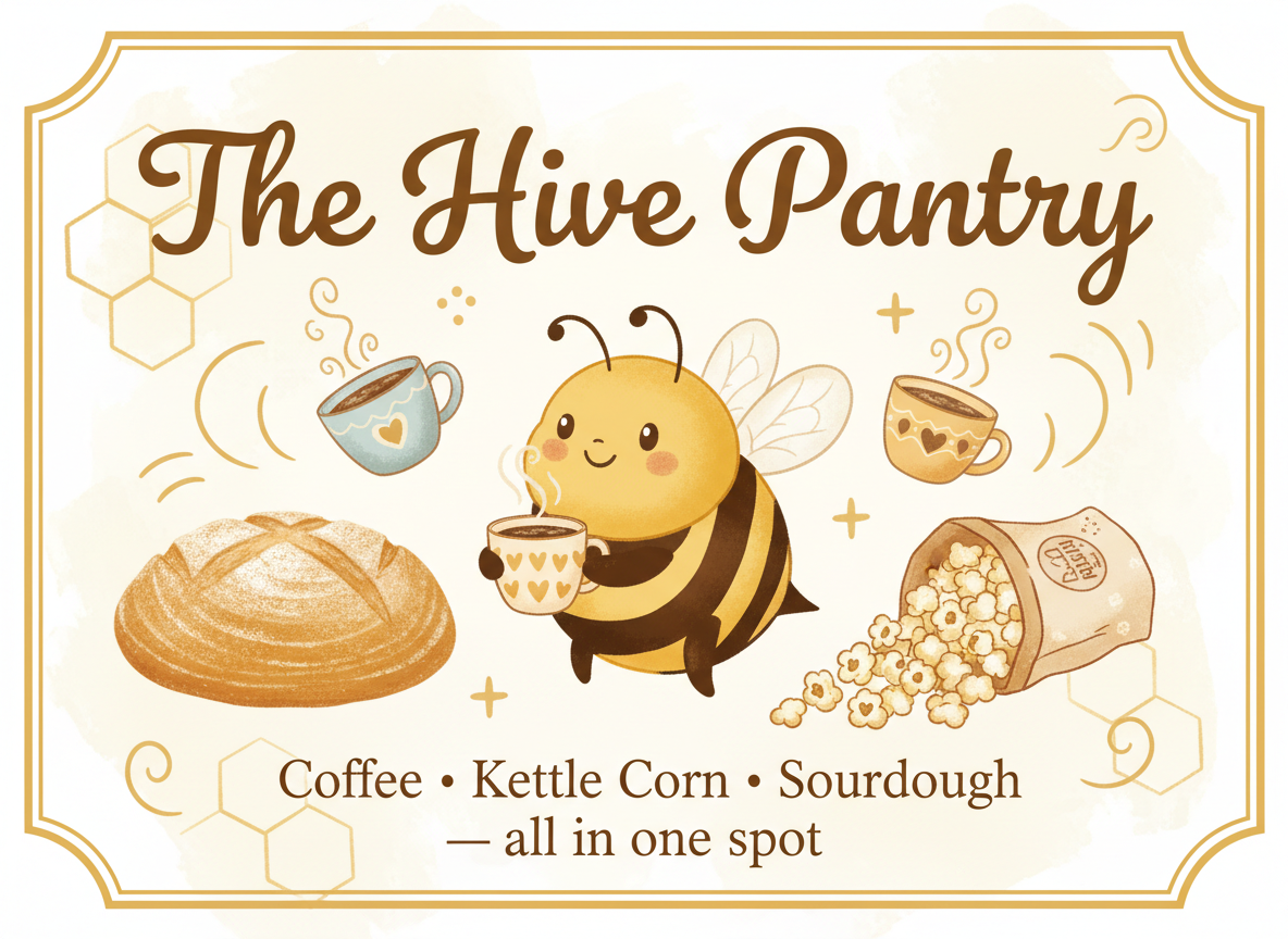 Create a cheerful, cute illustrated promotional graphic for The Hive Pantry. Include the clear readable wording: “The Hive Pantry” and “Coffee • Kettle Corn • Sourdough — all in one spot”. Feature a friendly cute bee with honey-gold and black stripes, surrounded by cozy coffee, kettle corn, and a rustic sourdough loaf. Warm playful farmhouse style, inviting cream and golden-yellow palette, clean centered composition, highly legible text, no extra wording.