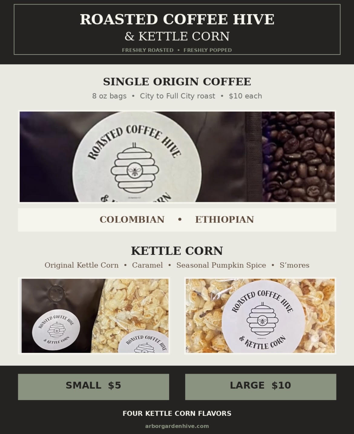 Roasted Coffee Hive & Kettle Corn menu showing single origin coffee and kettle corn offerings