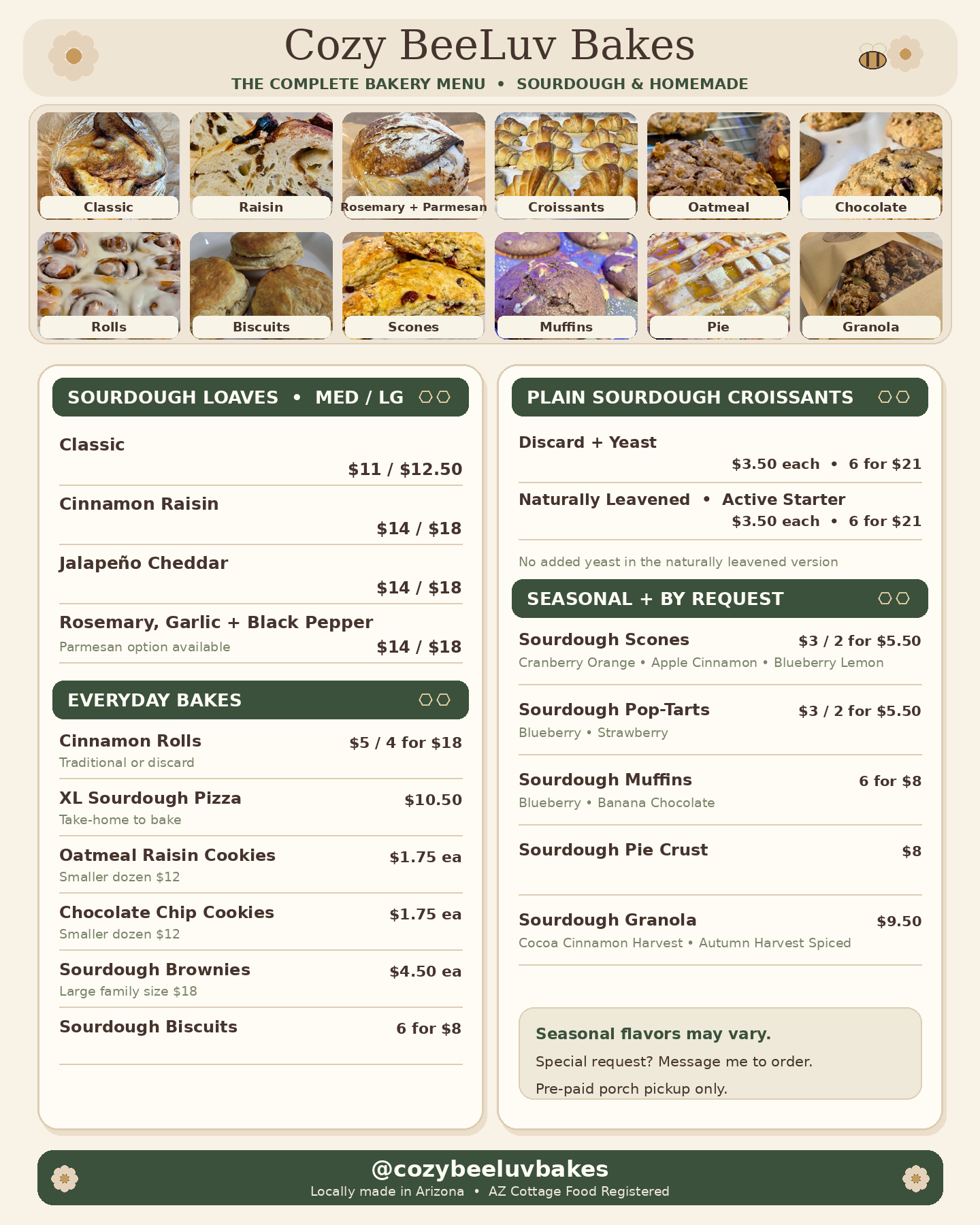 Cozy Beeluv Bakes sourdough and bakery menu with current items and prices.